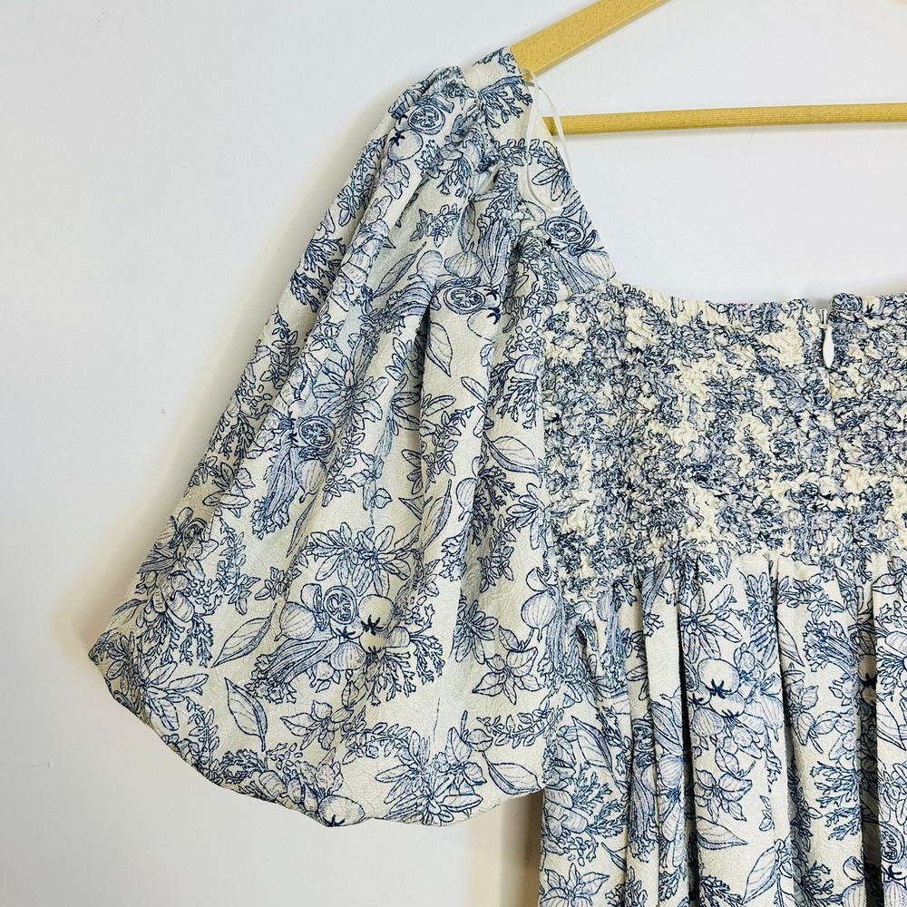 Zoco Gala Dress Women S Blue Floral Smocked Puff Toile Milkmaid cottagecore - Picture 7 of 10